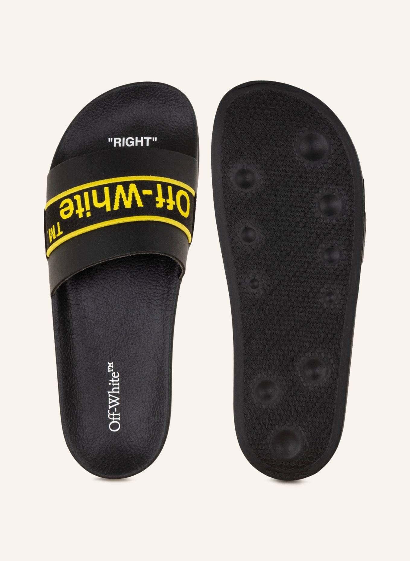 Off White Slides in black yellow Court Order