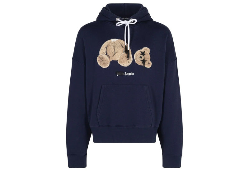 Palm Angels Bear Print Sprayed Logo Hoodie Navy Blue/Brown