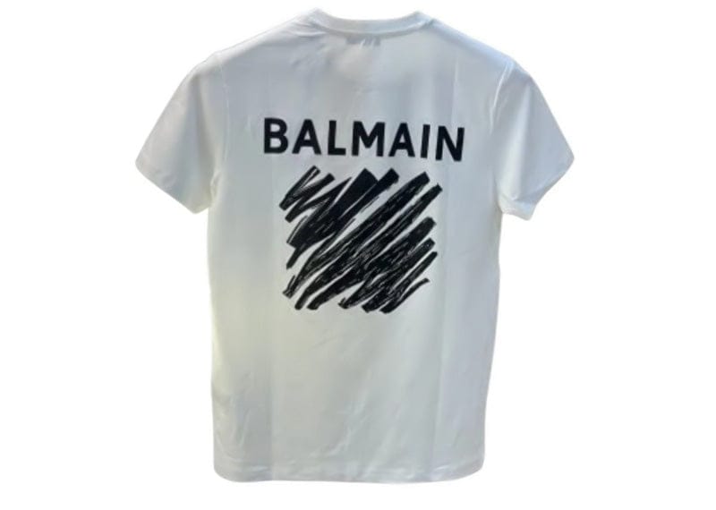 Balmain Streetwear Balmain Paris Velvet Logo and Back Graffitti Print Tee White