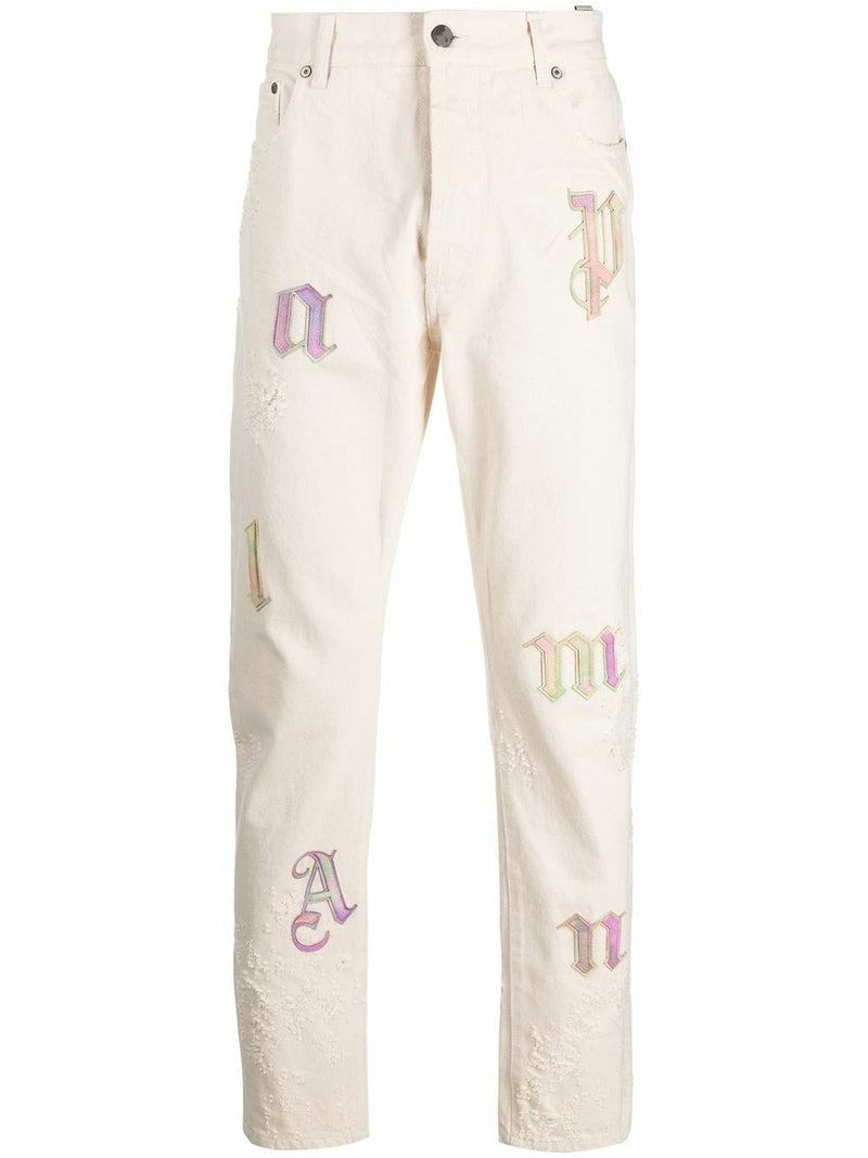 Palm Angels Bull Rainbow Logo Patch Denim Cotton Jeans White