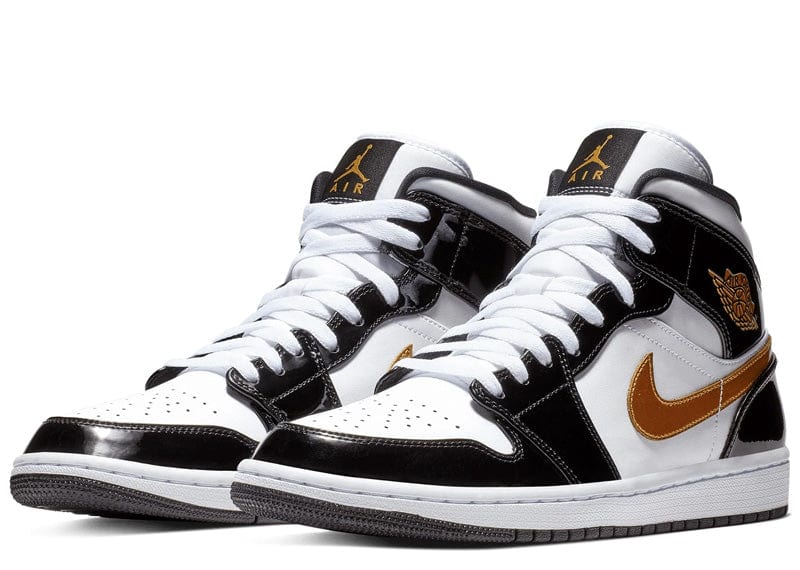 Jordan 1 mid patent black white gold on clearance feet