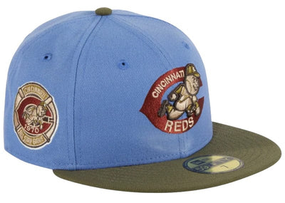 New Era streetwear New Era Cincinnati Reds Great Outdoors 1970 All Star Game Patch Hat Club Exclusive 59Fifty Fitted Hat Indigo/Olive