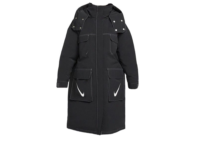 Nike Swoosh Logo Hooded Long Parka Down Fill Insulated Black Jacket Wo