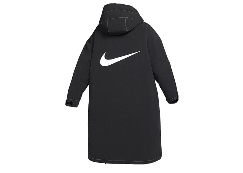 Nike Swoosh Logo Hooded Long Parka Down Fill Insulated Black Jacket Wo