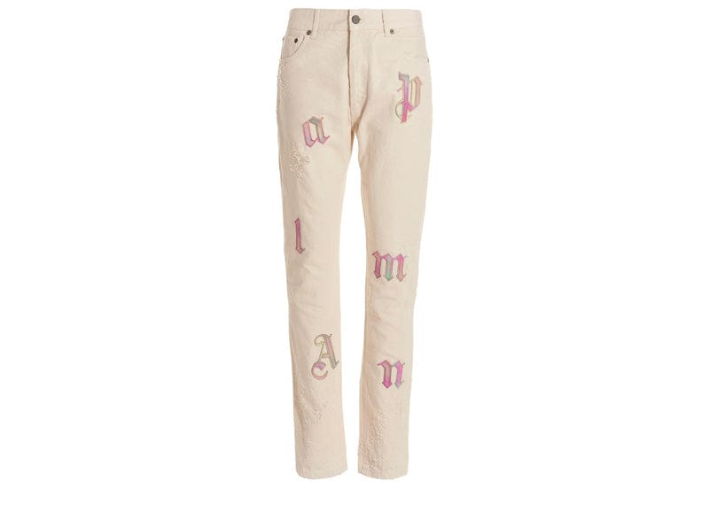 Palm Angels Streetwear Palm Angels Bull Rainbow Logo Patch Denim Cotton Jeans White