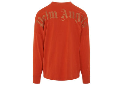 Palm Angels Streetwear Palm Angels Long Sleeve Glitter Mock Neck Logo Oversized Tee Brick & Red