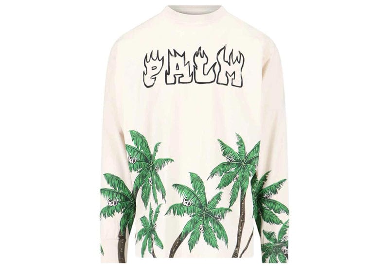 PALM ANGELS Streetwear Palm Angels Long Sleeve Palms and Skulls Tee White and Green