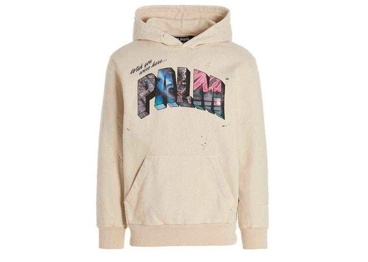 Palm Angels Wish You Were Here Logo Print Distressed Hoodie Court Order