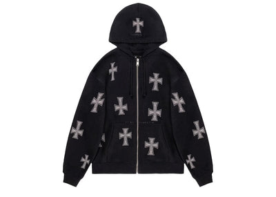 Unknown London Streetwear Unknown London Rhinestone Cross Zip Up Hoodie Black