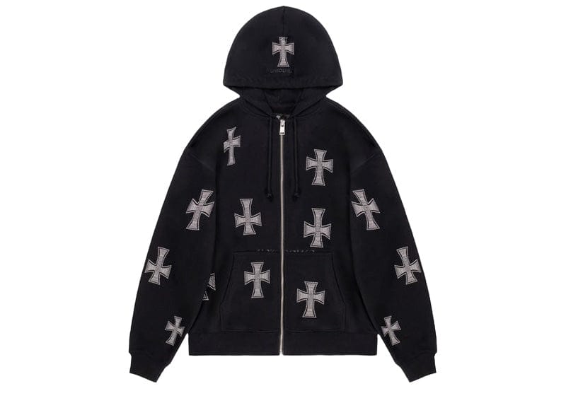 Unknown London Streetwear Unknown London Rhinestone Cross Zip Up Hoodie Black